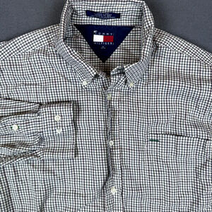 Tommy Hilfiger Shirt Men's XL Button Down Collared White Black Red Striped Dress